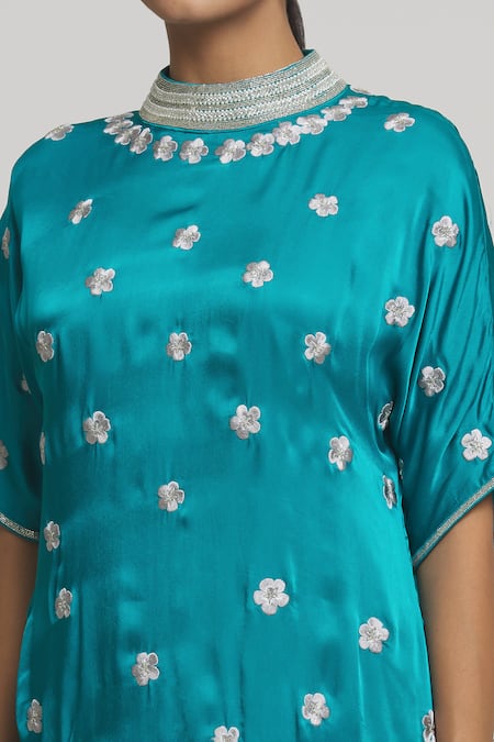 Shop_Samyukta Singhania_Blue Satin, Cotton Pearls, Beads, Embroidery Floral Thread Asymmetric Tunic_Online_at_Aza_Fashions