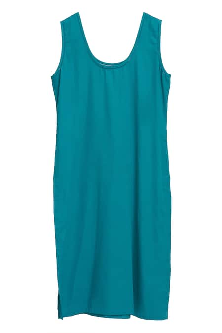 Samyukta Singhania_Blue Satin, Cotton Pearls, Beads, Embroidery Floral Thread Asymmetric Tunic_at_Aza_Fashions