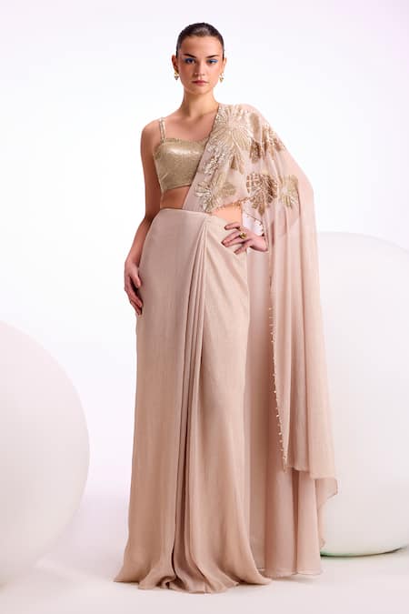 NAMRATA JOSHIPURA Cream Shimmer Chiffon Hand Embellished Katniss Pre-draped Saree With Blouse 