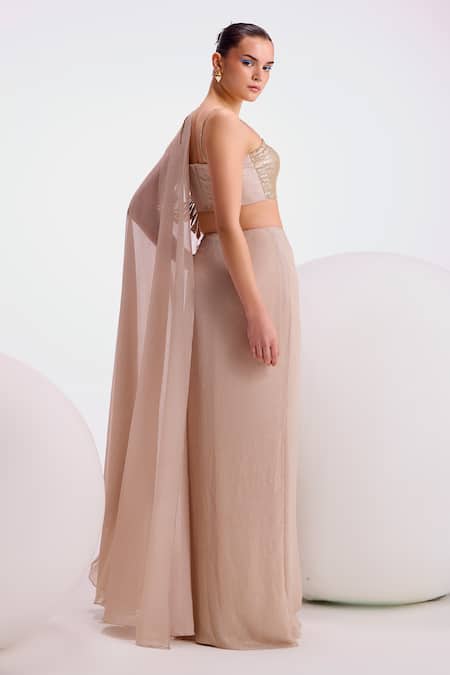 Shop_Namrata Joshipura_Cream Chiffon Sequins Sweetheart Katniss Shimmer Pre-draped Saree With Blouse _at_Aza_Fashions