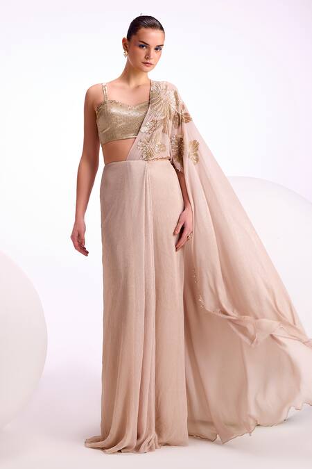 Namrata Joshipura_Cream Chiffon Sequins Sweetheart Katniss Shimmer Pre-draped Saree With Blouse _Online_at_Aza_Fashions