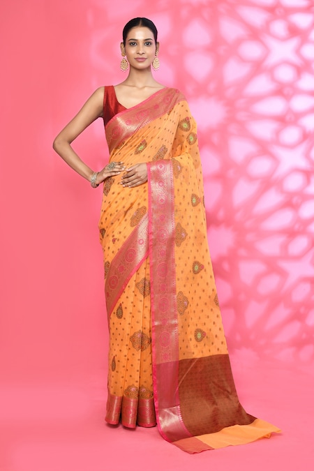 Nazaakat by Samara Singh Orange Cotton Silk Woven Floral Dot Pattern Saree With Running Blouse Piece