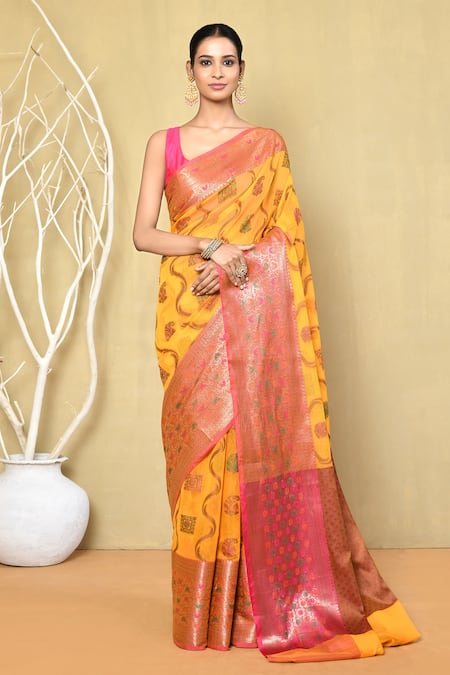 Nazaakat by Samara Singh Yellow Cotton Silk Woven Floral Banarasi Jaal Saree With Running Blouse