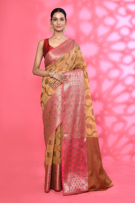 Nazaakat by Samara Singh Beige Cotton Silk Woven Leaf Butti Motif Pattern Saree With Running Blouse