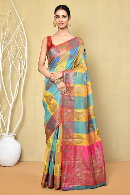 Nazaakat by Samara Singh Multi Color Saree Banarasi Cotton Silk Woven Geometric With Running Blouse