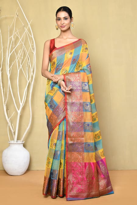 Nazaakat by Samara Singh Multi Color Saree Banarasi Cotton Silk Woven Checks With Running Blouse