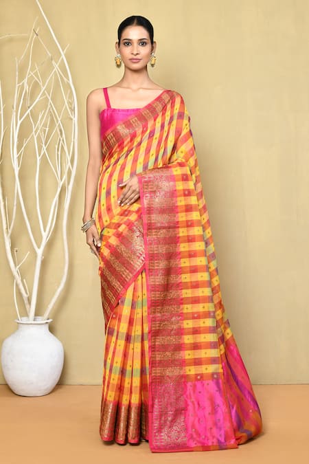 Nazaakat by Samara Singh Multi Color Saree Banarasi Cotton Silk Woven Linear With Running Blouse