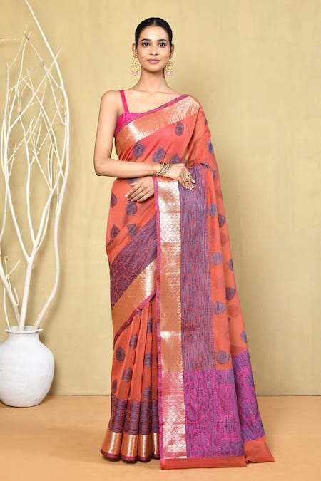 Nazaakat by Samara Singh Orange Saree Banarasi Cotton Silk Woven Tear Drop Pattern With Running Blouse