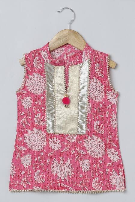 Byb Premium_Pink Cotton Embroidery Floral Print Kurta And Dhoti Pant Set_Online_at_Aza_Fashions