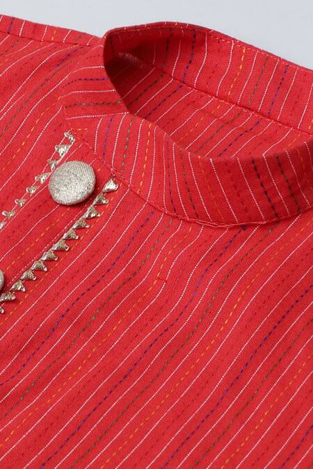 Byb Premium_Red Cotton Embroidery Kantha Stitch Line Kurta And Pyjama Set _at_Aza_Fashions