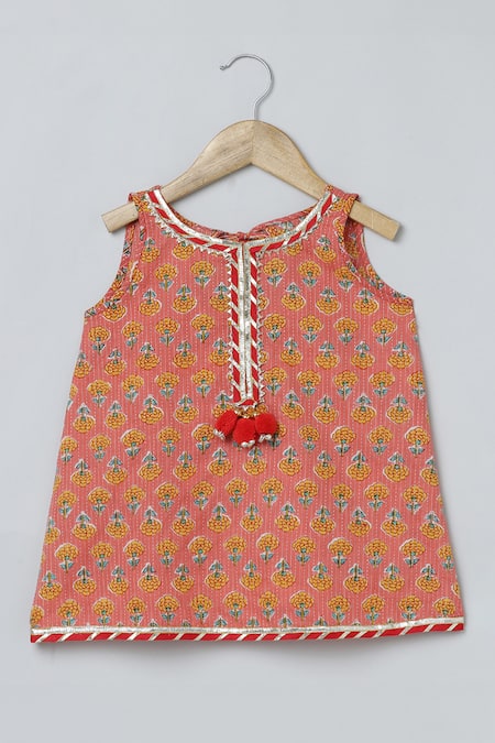 Byb Premium_Orange Cotton, Chiffon Tassels, Gota Patti, Floral Print Kurta Pyjama Set _Online_at_Aza_Fashions