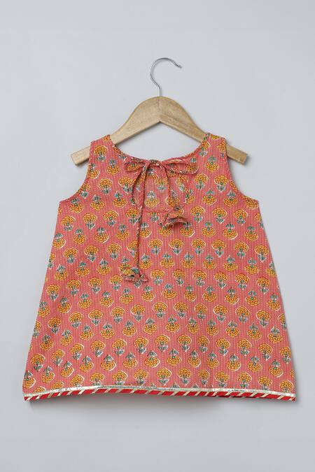 Buy_Byb Premium_Orange Cotton, Chiffon Tassels, Gota Patti, Floral Print Kurta Pyjama Set _Online_at_Aza_Fashions