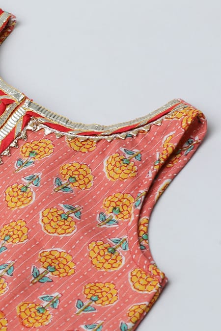 Shop_Byb Premium_Orange Cotton, Chiffon Tassels, Gota Patti, Floral Print Kurta Pyjama Set _Online_at_Aza_Fashions