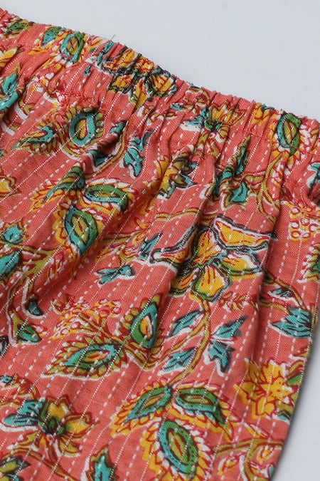 Byb Premium_Orange Cotton, Chiffon Tassels, Gota Patti, Floral Print Kurta Pyjama Set _at_Aza_Fashions