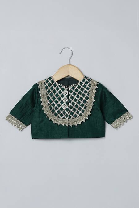 Buy_Byb Premium_Green Silk Gota Patti, Fringe Work Blouse Lehenga Set _Online_at_Aza_Fashions