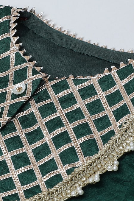 Buy_Byb Premium_Green Silk Gota Patti, Fringe Work Blouse Lehenga Set 