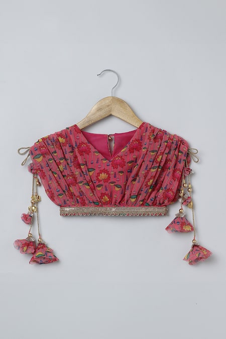 Byb Premium_Pink Georgette Tassels Lotus Print Pleated Top And Skirt Set _Online_at_Aza_Fashions