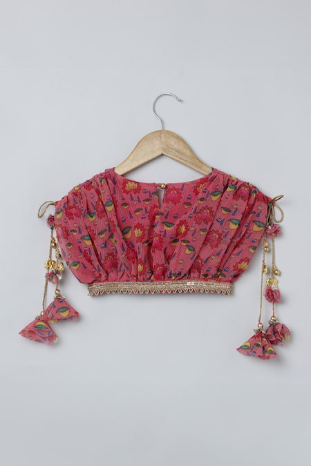 Buy_Byb Premium_Pink Georgette Tassels Lotus Print Pleated Top And Skirt Set _Online_at_Aza_Fashions