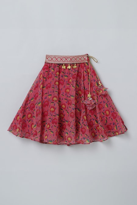 Shop_Byb Premium_Pink Georgette Tassels Lotus Print Pleated Top And Skirt Set _Online_at_Aza_Fashions