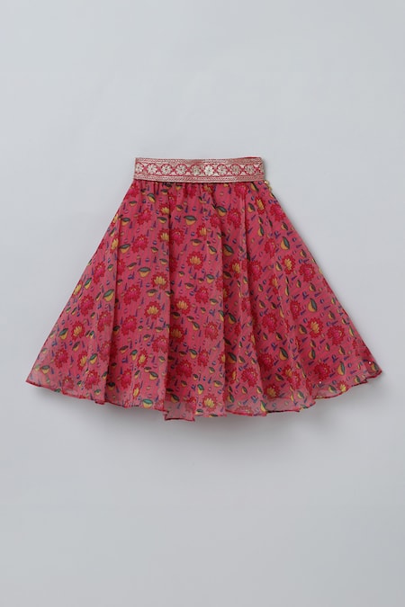 Byb Premium_Pink Georgette Tassels Lotus Print Pleated Top And Skirt Set _at_Aza_Fashions