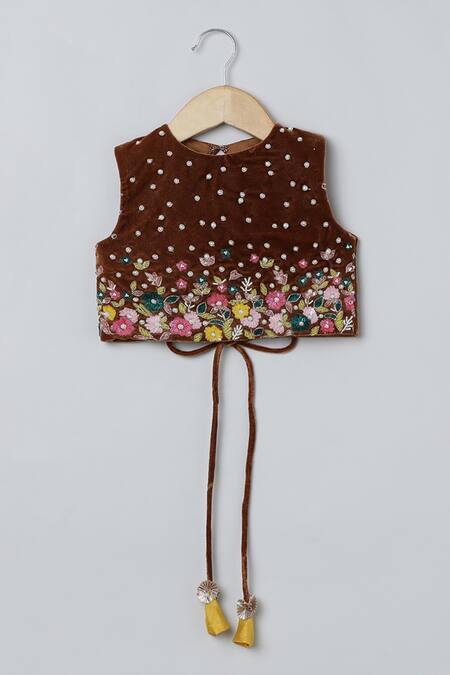 Buy_Byb Premium_Yellow Velvet, Silk Tassels Floral Embroidered Top And Layered Skirt Set _Online_at_Aza_Fashions