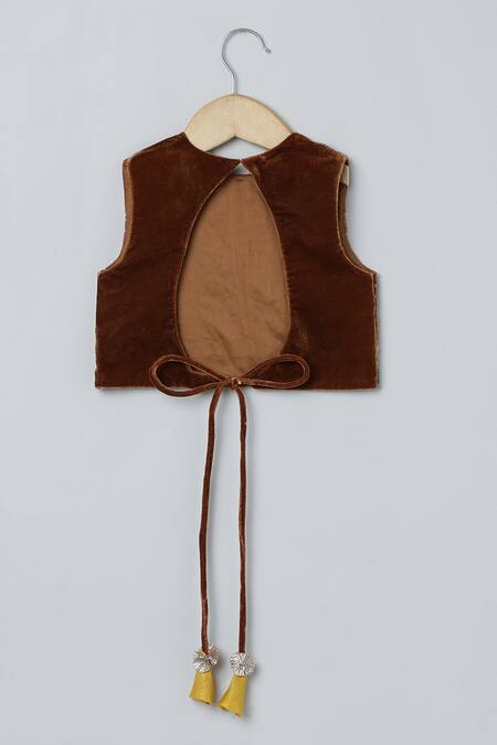 Shop_Byb Premium_Yellow Velvet, Silk Tassels Floral Embroidered Top And Layered Skirt Set _Online_at_Aza_Fashions