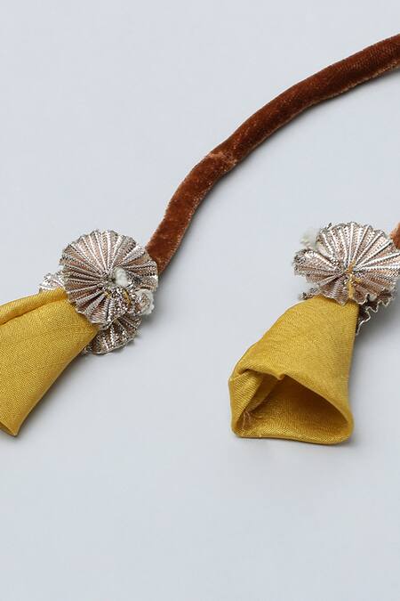 Shop_Byb Premium_Yellow Velvet, Silk Tassels Floral Embroidered Top And Layered Skirt Set 