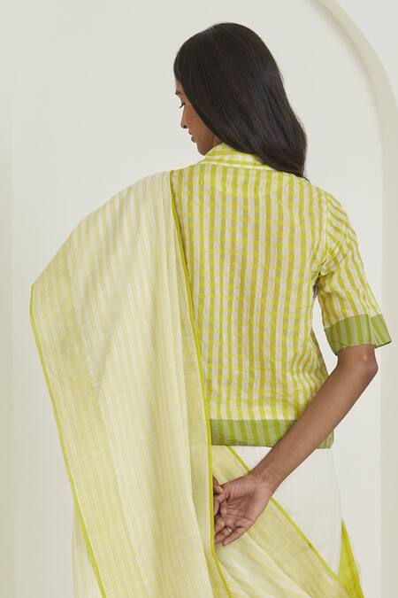 Surmaye_Ivory Handloom Cotton, Silk Collared Gingham Checkered Pattern Shirt Blouse_Online_at_Aza_Fashions