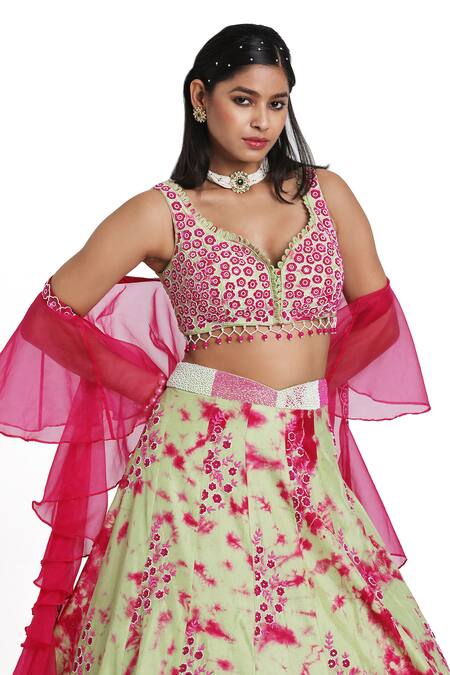 Shop_Nitisha Kashyap Official_Green Silk, Organza, Georgette Beads, Sequins, Embroidered Blouse Lehenga Set _Online_at_Aza_Fashions