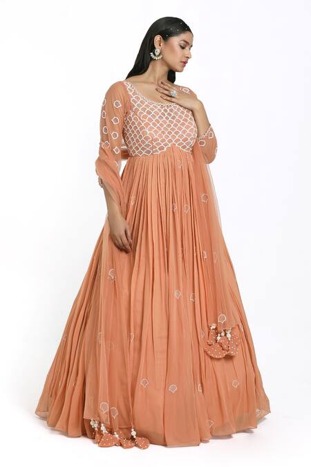 Nitisha Kashyap Official_Peach Net, Georgette Cut Work, Mirrors, Hand Embroidered Anarkali With Dupatta _Online_at_Aza_Fashions