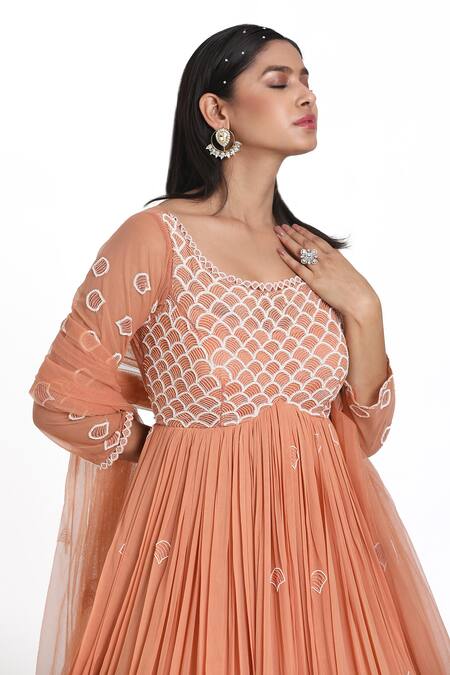 Buy_Nitisha Kashyap Official_Peach Net, Georgette Cut Work, Mirrors, Hand Embroidered Anarkali With Dupatta _Online_at_Aza_Fashions