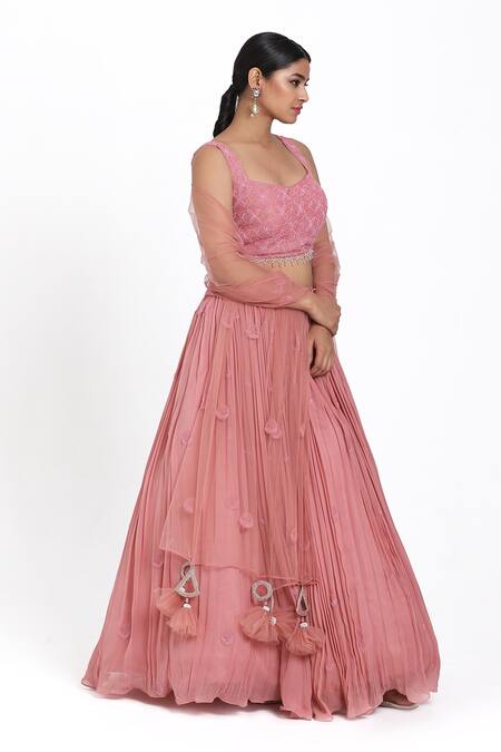 Buy_Nitisha Kashyap Official_Pink Silk, Net, Georgette Cut Work, Beads, Cutdana Blouse Lehenga Set _Online_at_Aza_Fashions