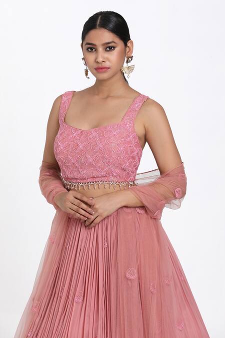 Shop_Nitisha Kashyap Official_Pink Silk, Net, Georgette Cut Work, Beads, Cutdana Blouse Lehenga Set _Online_at_Aza_Fashions