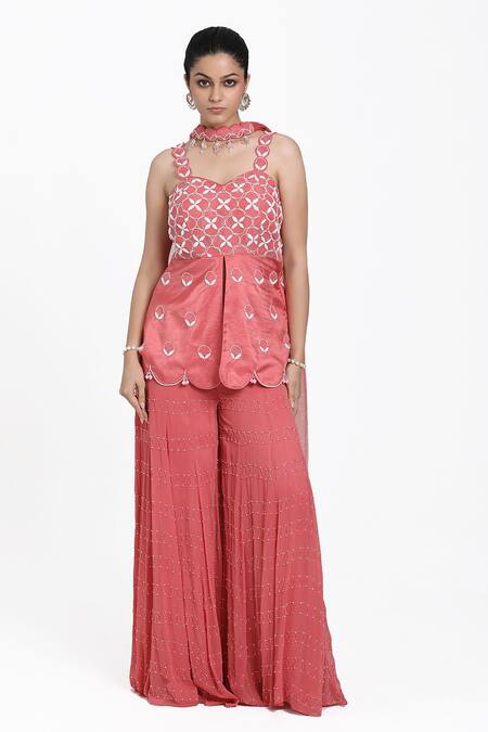 Nitisha Kashyap Official_Pink Silk, Net, Georgette Embroidery, Beads, Cut Work Hand Kurta Sharara Set _Online_at_Aza_Fashions