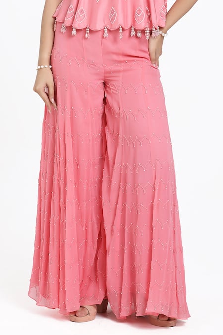 Nitisha Kashyap Official_Coral Silk, Georgette Beads, Cut Work, Mirrors, Hand Kurta And Sharara Set _Online_at_Aza_Fashions