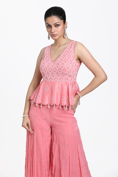 Shop_Nitisha Kashyap Official_Coral Silk, Georgette Beads, Cut Work, Mirrors, Hand Kurta And Sharara Set _Online_at_Aza_Fashions