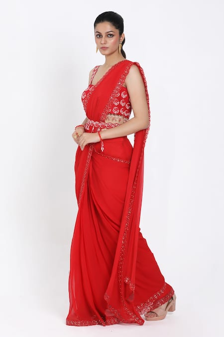 Nitisha Kashyap Official_Red Silk, Organza, Georgette Beads, Cut Work, Hand Pre-draped Saree Set _Online_at_Aza_Fashions