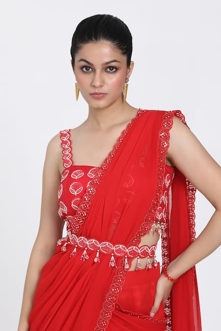Buy_Nitisha Kashyap Official_Red Silk, Organza, Georgette Beads, Cut Work, Hand Pre-draped Saree Set _Online_at_Aza_Fashions
