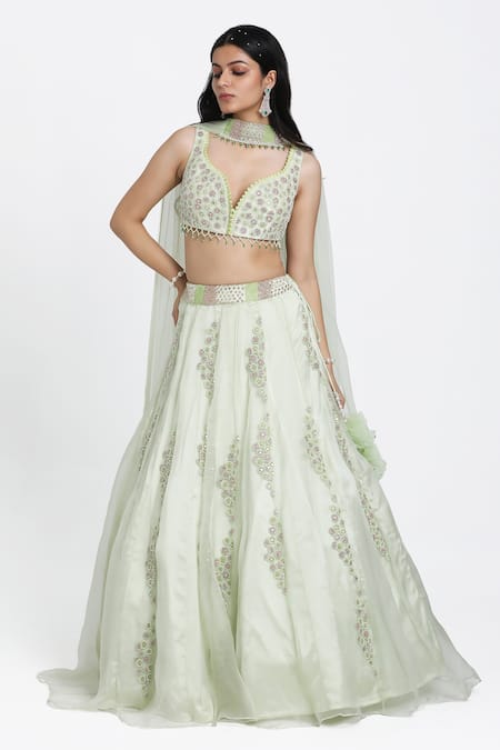 Nitisha Kashyap Official Green Silk Hand Embroidered Mirror Leaf Neck Resham Blouse Lehenga Set 