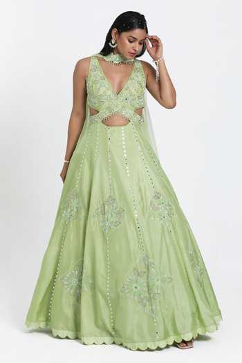 Nitisha Kashyap Green Silk, Net Embroidery, Beads V-neck Mint Hand Anarkali Set Online at Aza Fashions Nitisha Kashyap_Green Silk, Net Embroidery, Beads V-neck Mint Hand Anarkali Set _Online_at_Aza_Fashions