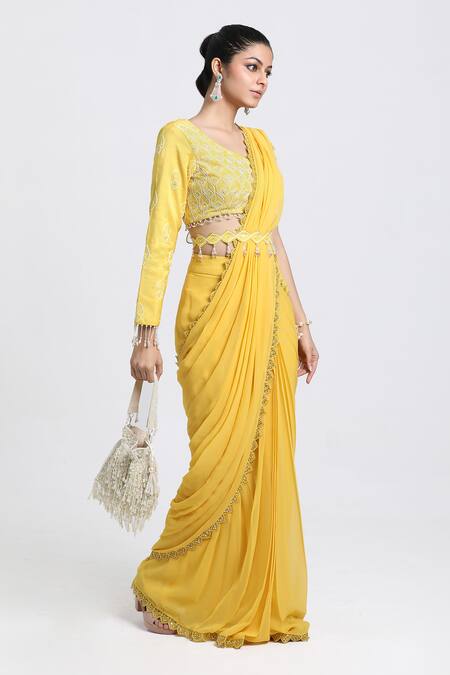 Buy_Nitisha Kashyap Official_Yellow Silk, Organza, Georgette Mirrorwork Cut-out Border Pre-draped Saree Set _Online_at_Aza_Fashions