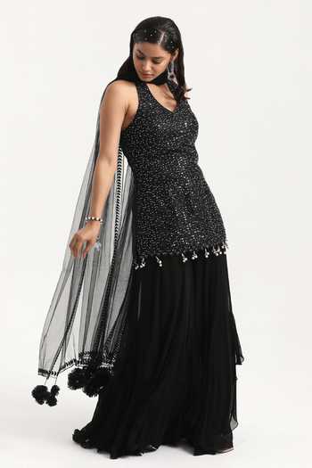 Nitisha Kashyap_Black Silk, Net, Georgette Sequins, Beads Halter Embroidered Kurta Sharara Set _Online_at_Aza_Fashions