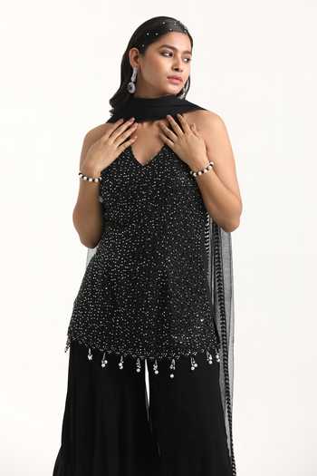 Shop_Nitisha Kashyap_Black Silk, Net, Georgette Sequins, Beads Halter Embroidered Kurta Sharara Set _Online_at_Aza_Fashions