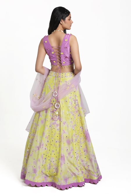 Shop Nitisha Kashyap Official Purple Silk, Net Beads, Mirrors, Embroidery V-neck Tie-dye Lehenga Set at Aza Fashions Shop_Nitisha Kashyap Official_Purple Silk, Net Beads, Mirrors, Embroidery V-neck Tie-dye Lehenga Set _at_Aza_Fashions
