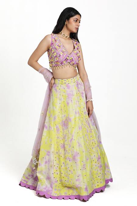 Nitisha Kashyap Official Purple Silk, Net Beads, Mirrors, Embroidery V-neck Tie-dye Lehenga Set Online at Aza Fashions Nitisha Kashyap Official_Purple Silk, Net Beads, Mirrors, Embroidery V-neck Tie-dye Lehenga Set _Online_at_Aza_Fashions