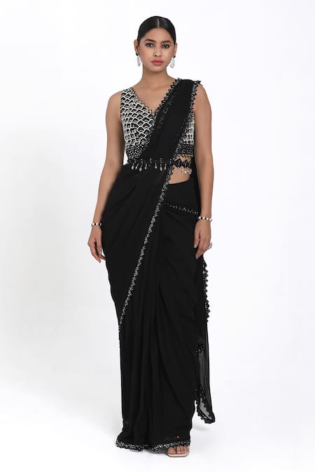 Nitisha Kashyap Official Bead Embroidered Cut-Out Border Pre-Draped Saree Set 