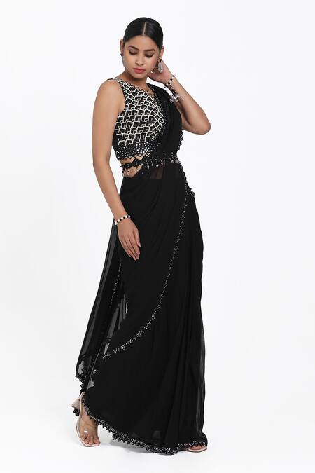 Nitisha Kashyap Official_Black Silk, Georgette Embroidery, Beads, Cut-out Border Pre-draped Saree Set _Online_at_Aza_Fashions