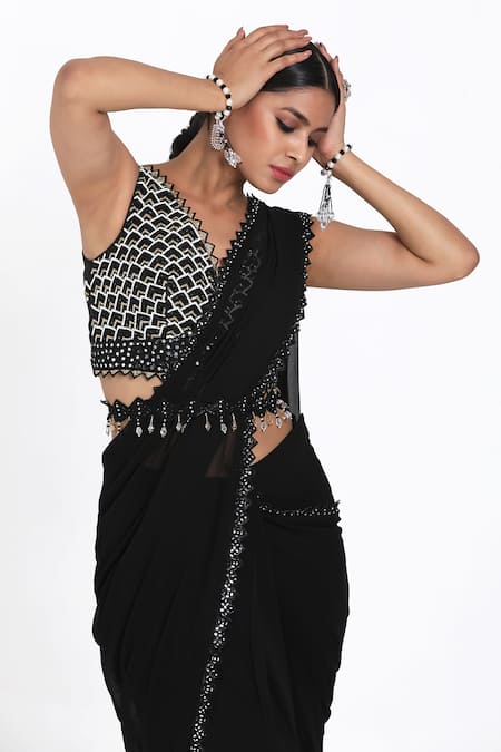 Buy_Nitisha Kashyap Official_Black Silk, Georgette Embroidery, Beads, Cut-out Border Pre-draped Saree Set _Online_at_Aza_Fashions