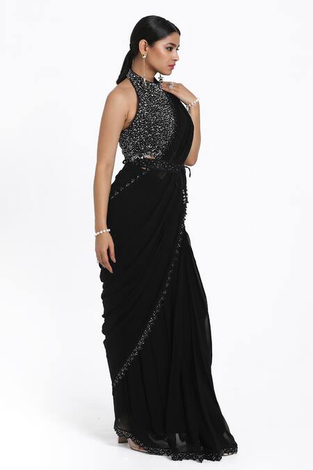 Nitisha Kashyap Official_Black Silk, Pre-draped Saree Set With Sequin Cluster Embroidered Blouse _Online_at_Aza_Fashions
