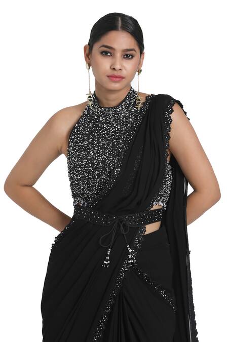Buy_Nitisha Kashyap Official_Black Silk, Pre-draped Saree Set With Sequin Cluster Embroidered Blouse _Online_at_Aza_Fashions